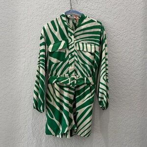 Green and White Striped Belted Romper